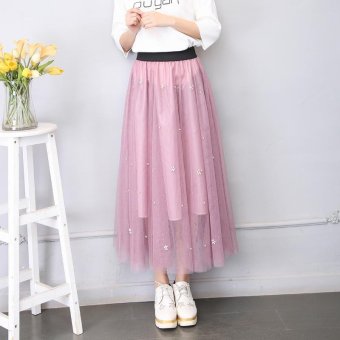 Mesh Tulle Skirts Women Summer Elastic High Waist Ladies Long Mesh Skirt Womens Tutu Maxi Pleated Skirt (Pink) - intl