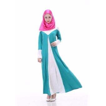 COCOEPPS Fashion Women Muslim Wear Dresses Baju Kurung Arab Jilbab Abaya Islamic Ethnic Color Splicing Chiffon Long Sleeve Maxi Dress Green - intl