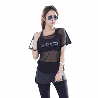 Breathable Mesh Mesh Cover Loose Blouse Shirt Striped Short Sleeved T-shirt T-shirt Fitness Yoga Clothes Dry Speed Nets Black - intl