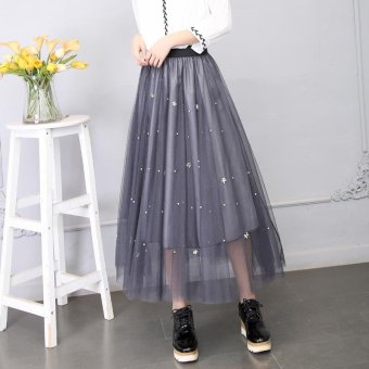 Mesh Tulle Skirts Women Summer Elastic High Waist Ladies Long Mesh Skirt Womens Tutu Maxi Pleated Skirt (Grey) - intl