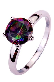 Yazilind Rainbow Topaz Gemstone Round Cut Silver 8x8mm Ring Size 6 7 8 9