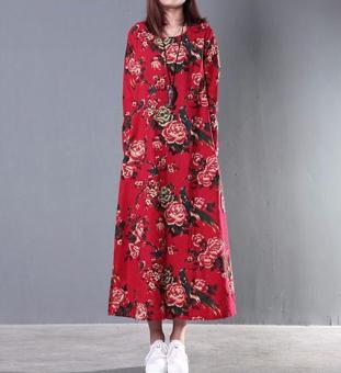 Women Lady Cotton Linen Long Dress Autumn Print Floral Vintage M-2XL Tops Shirt Red - Intl