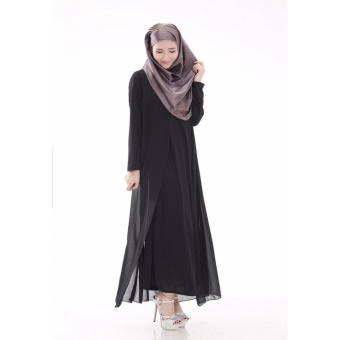COCOEPPS Fashion Women Muslim Wear Dresses Baju Kurung False Two-piece Chiffon Long Sleeve Maxi Dress Black - intl