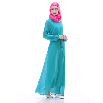 Islamic Newsletter Women Cool Loose Long Sleeve Muslim Robe Dress(Blue)  
