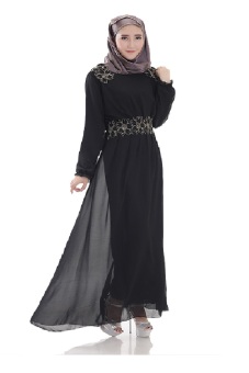 Islamic Women Newsletter Striped Long Sleeve Arab Robe Muslim Party Dress (Black)  