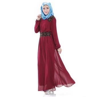 Islamic Women Newsletter Striped Long Sleeve Arab Robe Muslim Party Dress(Wine Red)  