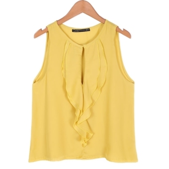 Jo.In Chiffon Sleeveless O-Neck Blouse Loose Solid Ruffles Tank Vest S-L (Yellow)  