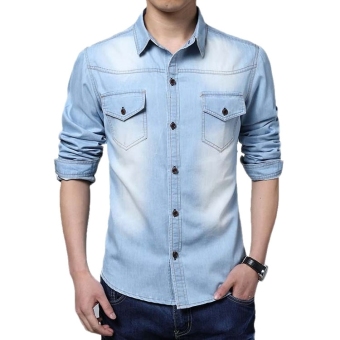 Jo.In Men Cool Long Sleeve Turn-down Collar Jean Shirt Thin Coat (Blue) - Intl  