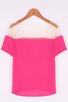Jo.In Short Sleeve Patchwork Loose Chiffon Blouse S-XL (Rose Red) - Intl  