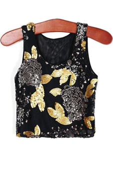 Jo.In Sleeveless Sequin O-neck Crop Tops Tank Tops (Gold)  