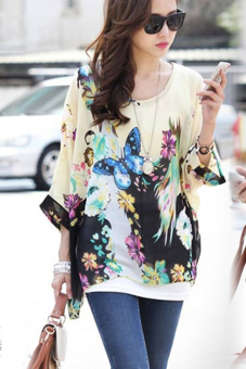 Jo.In Women's Sexy Batwing Sleeve Chiffon Shirt Bohemian Tops Blouse Plus Size L-XL (Multicolor)  