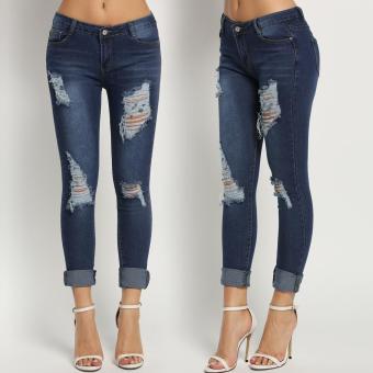 Jo.In New Women Fashion Slim Mid Waisted Casual Holes Skinny Pencil Jeans - intl  