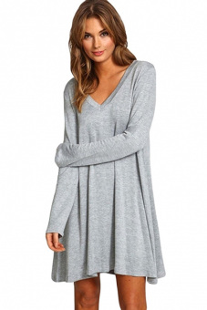 Jo.In Women Long Sleeve V Neck Loose Solid Mini Straight Shift Dress S-XL (Gray) - intl  