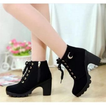 JOOX Hanyu Autumn Winter Women Lady PU Leather High Heel Martin Ankle Zipper Boots Shoes Black - intl  