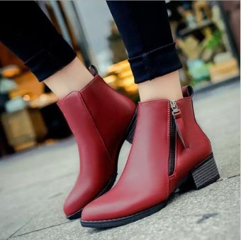 JOOX Women Boots Martin Boots Pointed Thick With Low Side Zipper England Boots (Red) - intl  