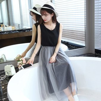 JOY Show Thin White Gauze Stitching Vest Dress Black  