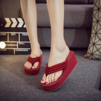 K&S Fashion Women Flip Flops Wedges Platform Slippers Beach Thick Heel Sandals Wedge Slippers Wedges Slides Women Summer Shoes Red - intl  