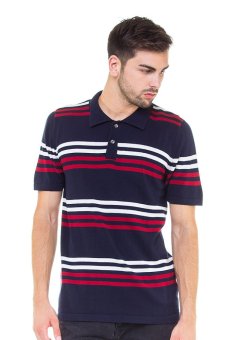 Knitwork Striped Polo Shirt - Navy  