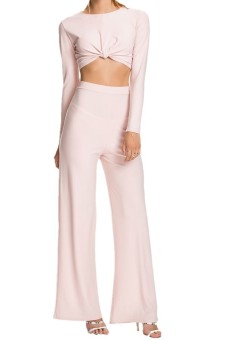 Knotted Crop Top with High-waisted Wide Leg Pant Set Pink  