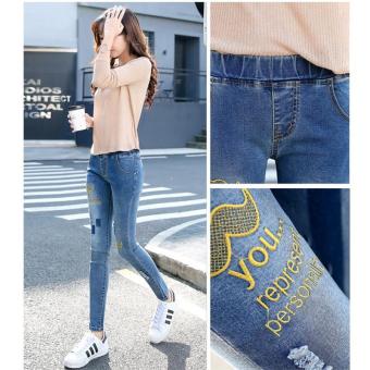 Korean Casual Women Vintage High Waist Skinny Denim Jeans Slim Ripped Pencil Jeans Embroidery Pants Female Trousers - intl  