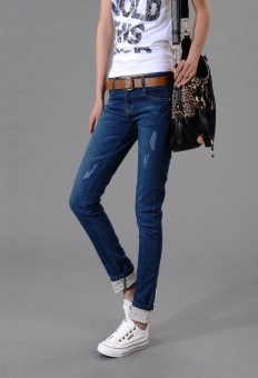 Korean Fashion Women's Denim Pencil Pants Long Ripped Casual Jeans HPT055 Blue - intl  