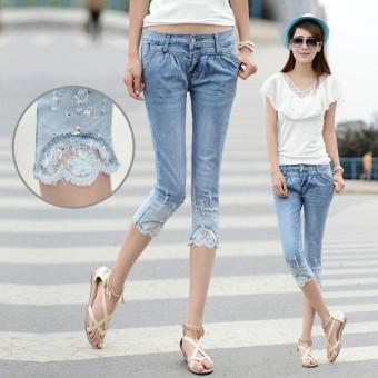 Korean Slim Cropped Jeans Women Embroidery Trouser Seventh Pants Capri Jeans Frayed Straight Trousers - intl  