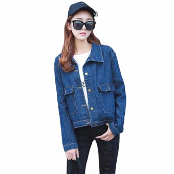 Korean students relaxed women's thin short denim jacket(dark blue) - intl  