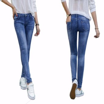 Korean Women's Mid Waist Slim Stretch Jeans Slim Pencil Pants Light Blue - intl  