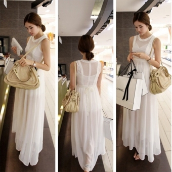 Korean Women's Slim Ethereal Sleeveless Chiffon Long Skirt Two-piece Dress White - intl  