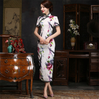 Lace Dress Long Section Bow Flocking Hit Color Cheongsam (Floral)  