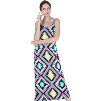 Ladies Spaghetti Strap Backless Sleeveless Geometric Print Long Dress (Multicolor) - intl  