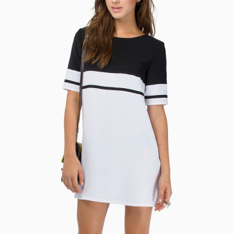 Lady Women O-Neck Short Sleeve Splicing Color Loose Casual Above Knee Shift Dress ( Black ) - intl  