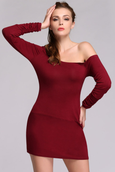 Lady Women's Long Sleeve One Shoulder Solid Stretch Bodycon Mini Dress (Wine Red) (Intl) - intl  