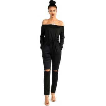 LALANG Fashion Women Off Shoulder Long Sleeve Jumpsuits Slim Hollow Out Rompers (Black) - intl  