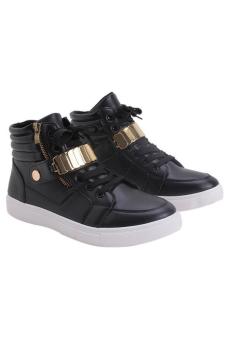 LALANG Men PU Leather Sneakers High Cut Sports Shoes Black  