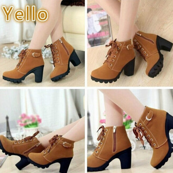 LALANG Women Boots Thick With High Heeled Bandage Martin Shoes (Yellow) - intl  