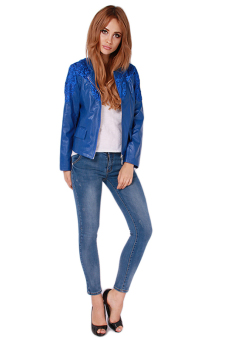 LALANG Women Lace Slim PU Leather Coat Jacket (Blue)  