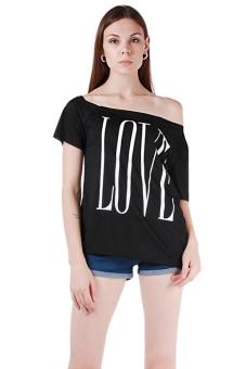 LALANG Women LOVE Letter Print T-Shirt Short Sleeve Tops Blouse Black  