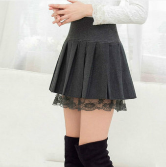 LAMANI Korean Fashion Wool Lace Elastic High Waist A-line Pleated Midi Skirts(Color:Grey;Size:General) - intl  