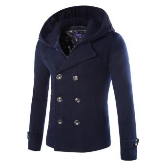 LANBAOSI Mens Double-breasted Outerwear Stylish Detachable Hoodie with Knitted Cap (Navy Blue) - intl  