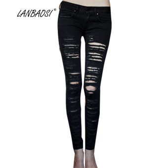 Lanbaosi Women Fashion Holes Jeans Stretch Pencil Pants Ripped Mid Wasit Denim Trousers ( Black ) - intl  