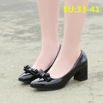LCFU764 Plus Size (33-41) Bowknot Dating Shoes Comfortable Genuine Leather Work Shoes Thick Heel Fashion Women Shoes -black - intl  