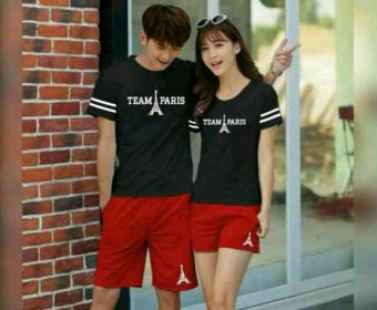 legiONshop-stelan(atasan+celana)kaos pasangan/t-shirt couple TEAM PARIS black+red  