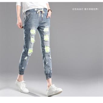 Light Blue Korean Women Summer Pants Holes Fashion New Casual Trousers for Ladies Ripped Mid Waist Drawstring Skinny Denim Calf Length Jeans - intl  