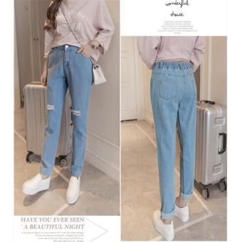 Light Blue Spring 2017 Womens Cotton Blend Hole Loose Harem Jeans Bleached Feminina Boyfriend Casual Jeans for Women Trousers - intl  