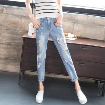 Light Loose Hole Jeans Nine Female Pants BF Haren S Casual Straight Pants Baggy Jeans (light Blue) - intl  