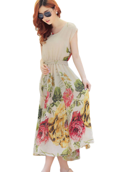 Linemart Summer Short Sleeve Chiffon Maxi Dress (Color:Beige) (Size:XXL) - intl  