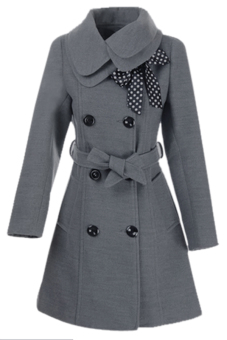 Linemart Women Casual Double-breasted Luxury Long Wool Coat with Belt (Gray)  