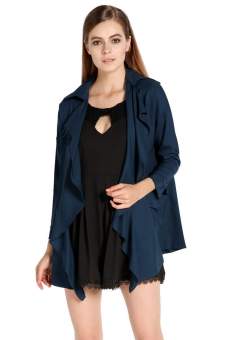 Linemart Women Chiffon Asymmetrical Hem Long Trench Coat Jacket (Dark Blue)  