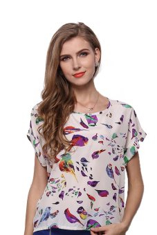 LIVA GIRL Fashion birds printed chiffon T-shirt with short sleeves (White)  